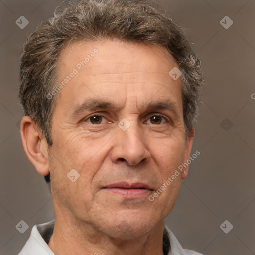 Joyful white middle-aged male with short  brown hair and brown eyes