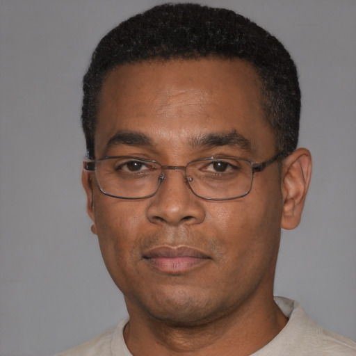 Neutral black adult male with short  black hair and brown eyes