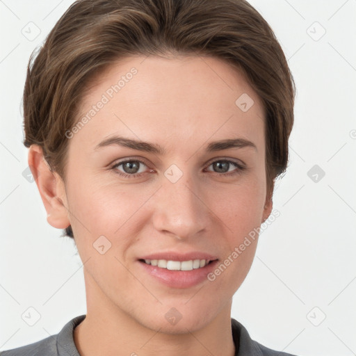 Joyful white young-adult female with short  brown hair and grey eyes