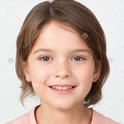 Joyful white child female with medium  brown hair and brown eyes