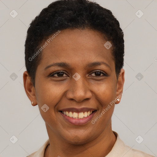 Joyful latino young-adult female with short  brown hair and brown eyes