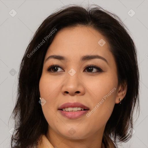 Joyful asian young-adult female with medium  brown hair and brown eyes