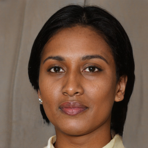 Neutral asian young-adult female with medium  black hair and brown eyes
