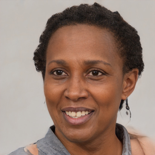 Joyful black adult female with short  black hair and brown eyes