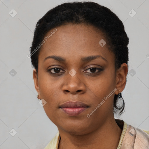 Neutral black young-adult female with short  black hair and brown eyes