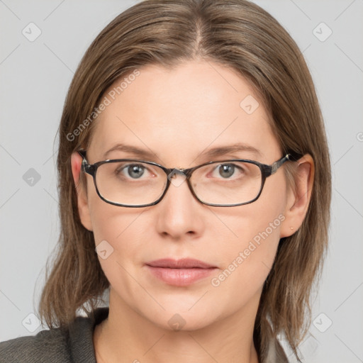 Neutral white young-adult female with medium  brown hair and grey eyes