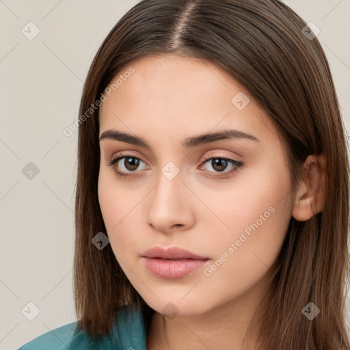 Neutral white young-adult female with long  brown hair and brown eyes