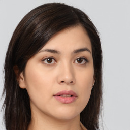 Neutral asian young-adult female with long  brown hair and brown eyes