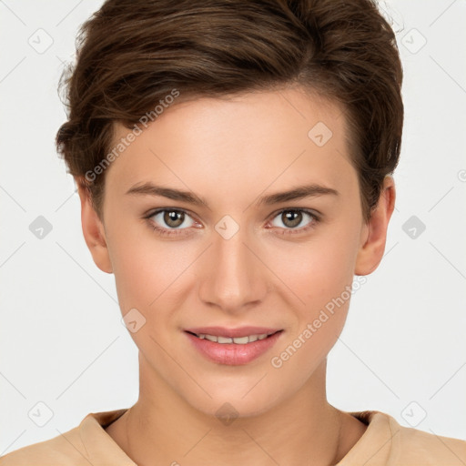 Joyful white young-adult female with short  brown hair and brown eyes