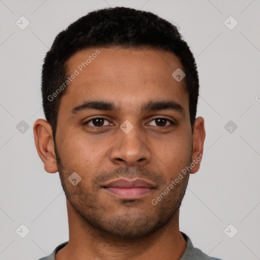 Neutral latino young-adult male with short  black hair and brown eyes