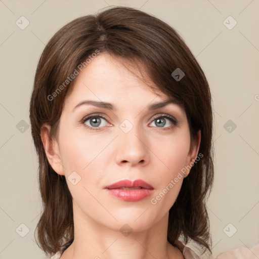 Neutral white young-adult female with medium  brown hair and brown eyes