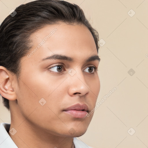 Neutral white young-adult female with short  brown hair and brown eyes