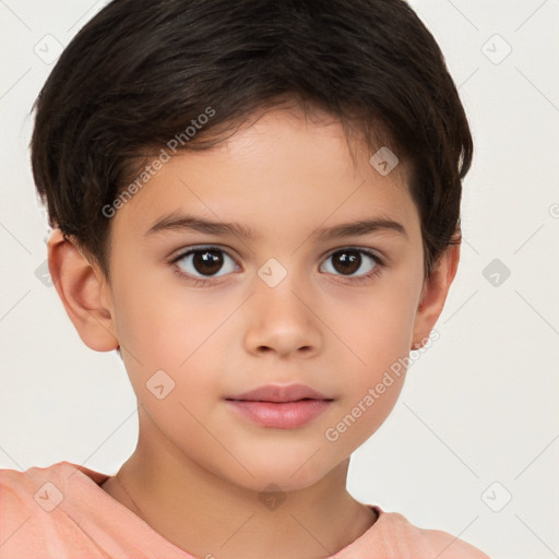 Joyful white child female with short  brown hair and brown eyes