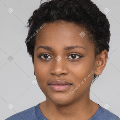 Neutral black young-adult female with short  black hair and brown eyes