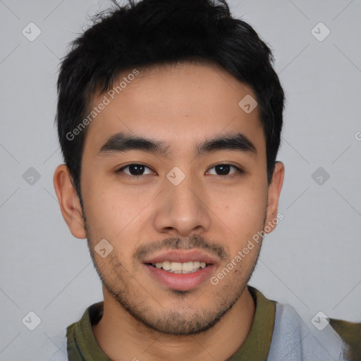 Neutral asian young-adult male with short  brown hair and brown eyes