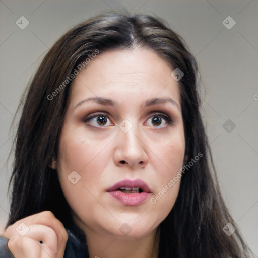 Neutral white young-adult female with medium  brown hair and brown eyes