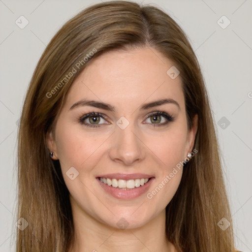 Joyful white young-adult female with long  brown hair and green eyes