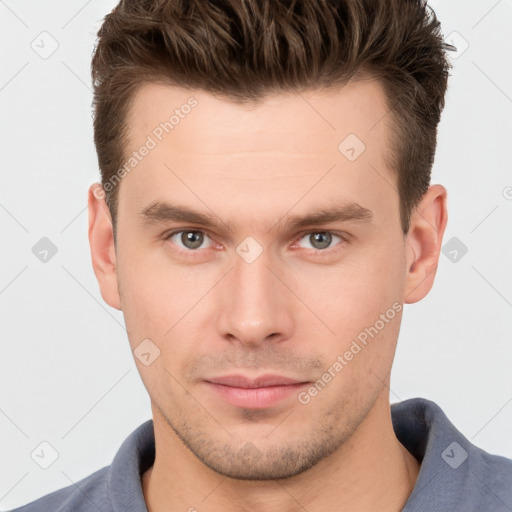 Neutral white young-adult male with short  brown hair and brown eyes