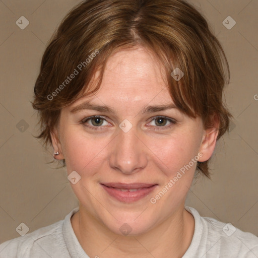 Joyful white young-adult female with medium  brown hair and blue eyes