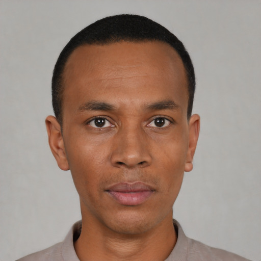 Neutral black young-adult male with short  black hair and brown eyes