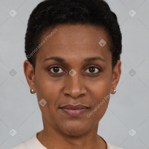 Joyful black young-adult female with short  brown hair and brown eyes