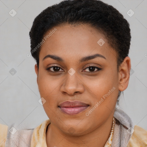 Joyful latino young-adult female with short  brown hair and brown eyes