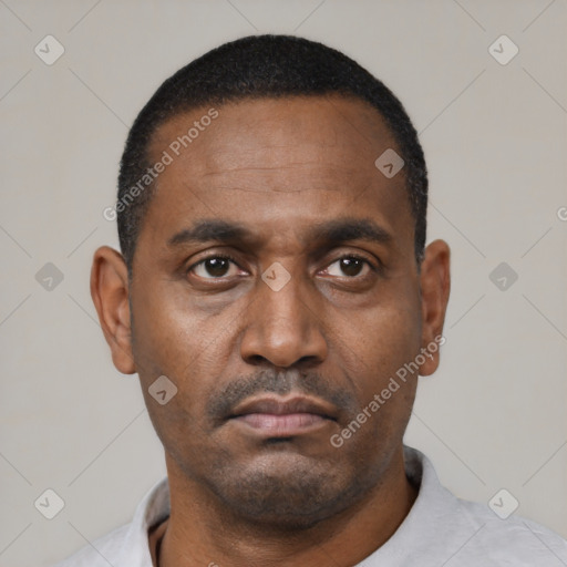 Neutral black adult male with short  black hair and brown eyes