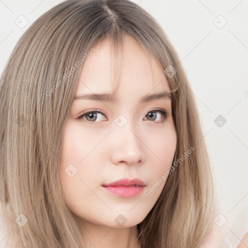 Neutral white young-adult female with long  brown hair and brown eyes