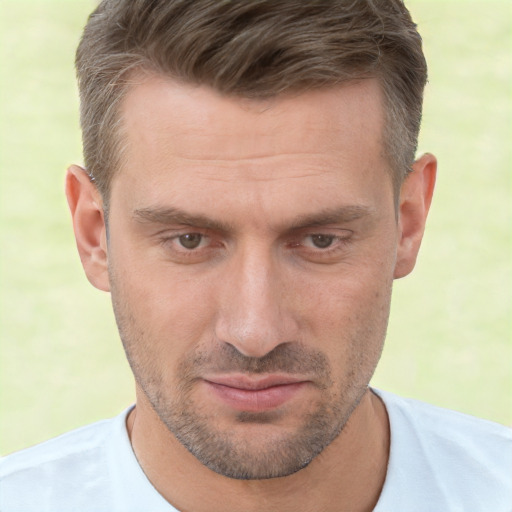 Neutral white adult male with short  brown hair and brown eyes