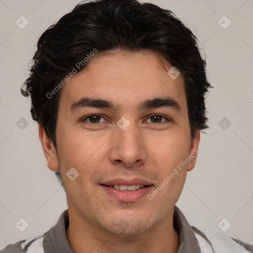 Joyful latino young-adult male with short  brown hair and brown eyes