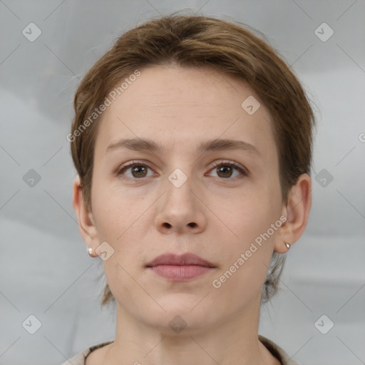 Neutral white young-adult female with short  brown hair and brown eyes