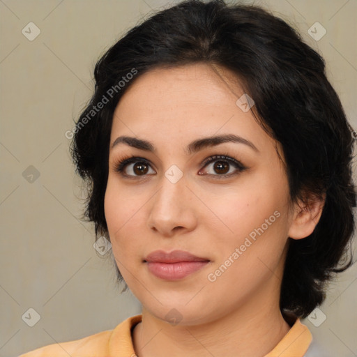 Joyful asian young-adult female with medium  brown hair and brown eyes