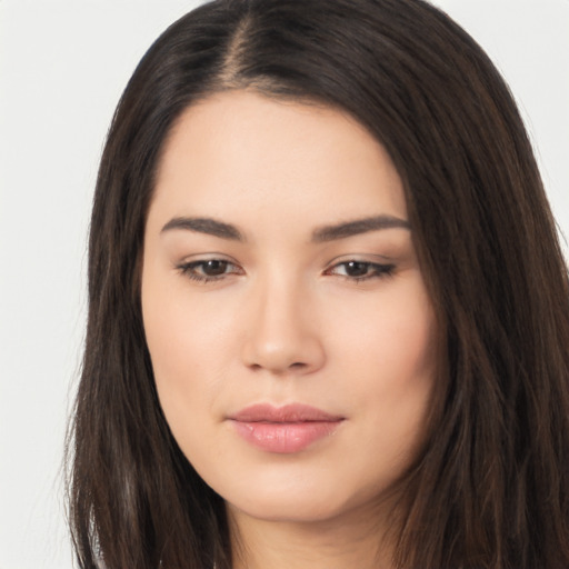 Neutral asian young-adult female with long  brown hair and brown eyes