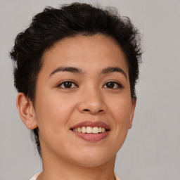 Joyful asian young-adult female with short  brown hair and brown eyes