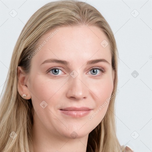 Joyful white young-adult female with long  brown hair and blue eyes