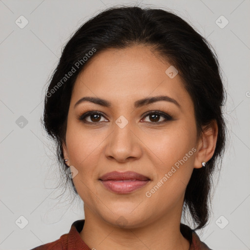 Joyful latino young-adult female with medium  brown hair and brown eyes