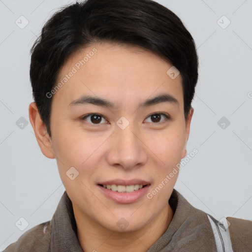 Joyful white young-adult female with short  brown hair and brown eyes