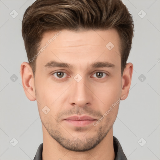 Neutral white young-adult male with short  brown hair and brown eyes