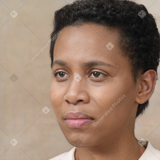 Neutral black young-adult female with short  brown hair and brown eyes