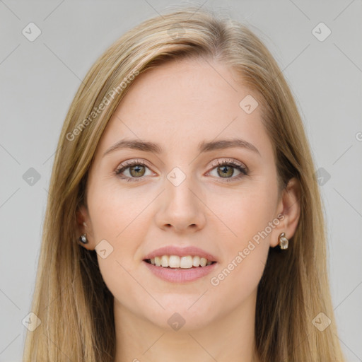 Joyful white young-adult female with long  brown hair and brown eyes