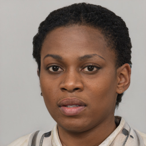Neutral black young-adult female with short  black hair and brown eyes