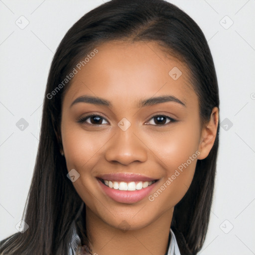 Joyful latino young-adult female with long  brown hair and brown eyes