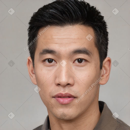 Neutral asian young-adult male with short  black hair and brown eyes