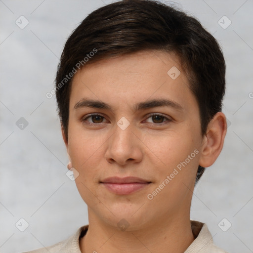 Joyful white young-adult female with short  brown hair and brown eyes