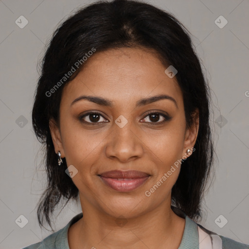 Joyful black young-adult female with medium  black hair and brown eyes