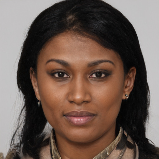 Neutral black young-adult female with medium  black hair and brown eyes