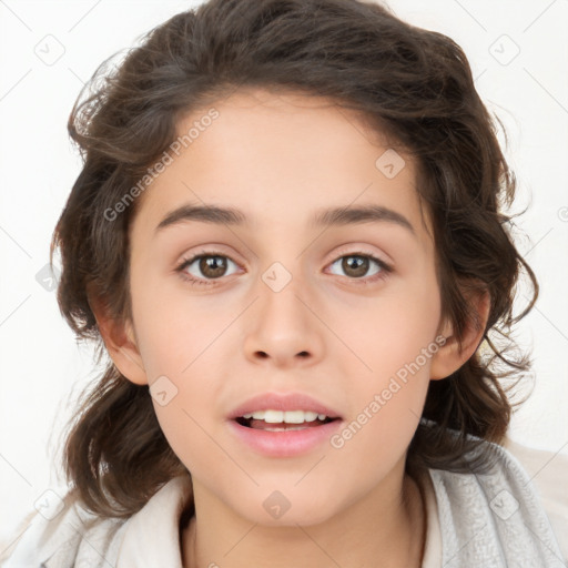 Joyful white child female with medium  brown hair and brown eyes