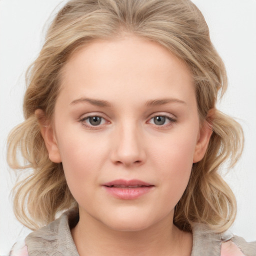 Neutral white young-adult female with medium  brown hair and blue eyes