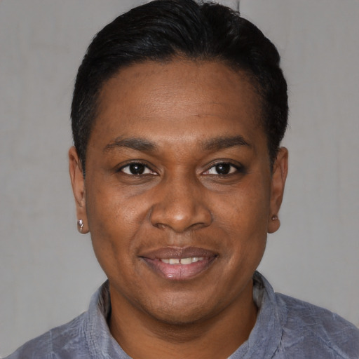 Joyful black young-adult male with short  black hair and brown eyes