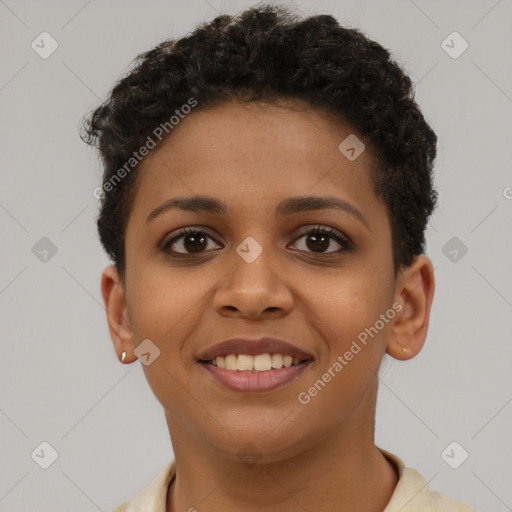 Joyful latino young-adult female with short  brown hair and brown eyes